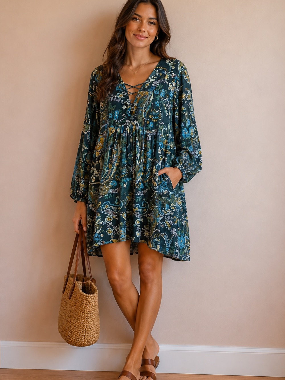 FREE PEOPLE Crisscross Paisley Tunic in Teal and Blue With Side Pockets